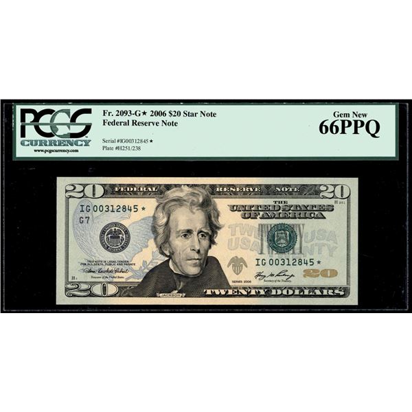 2006 $20 Federal Reserve STAR Note Fr.2093-G* PCGS Gem New 66PPQ