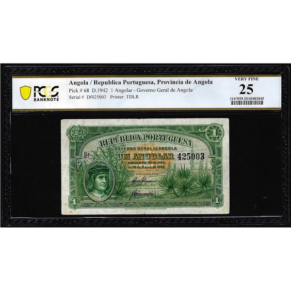 1942 Angola Republica Portuguesa 1 Angolar Note PCGS Very Fine 25