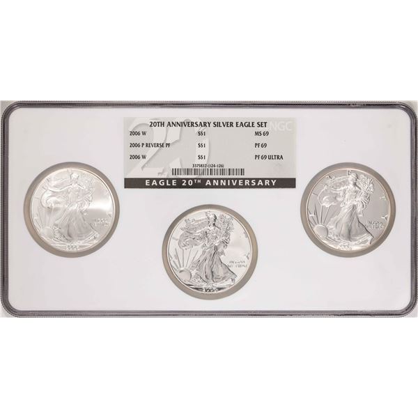 20th Anniversary (3) Coin Set 2006 $1 American Silver Eagle NGC MS69/PF69/PF69 Ultra