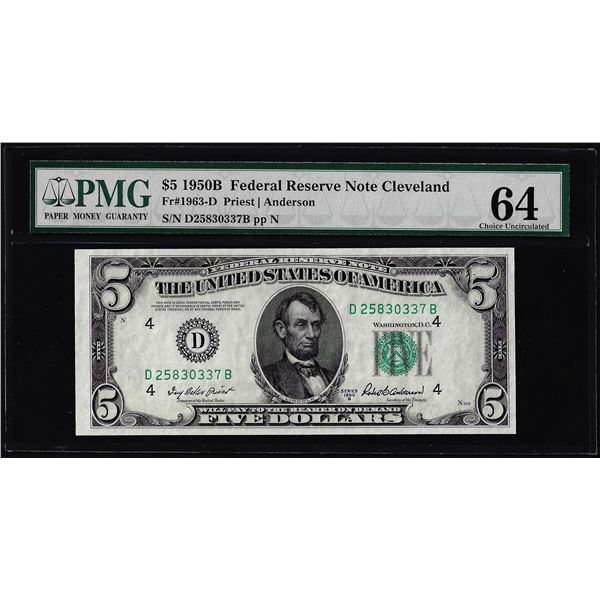 1950B $5 Federal Reserve Note Cleveland Fr.1963-D PMG Choice Uncirculated 64