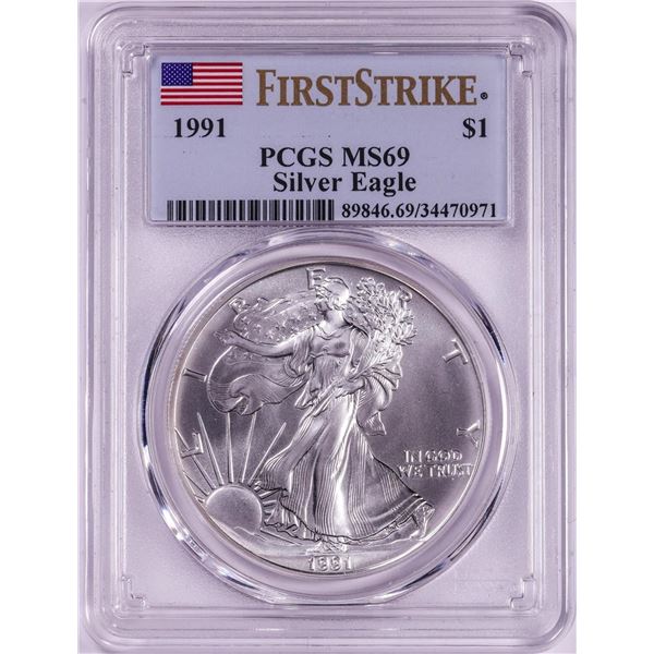 1991 $1 American Silver Eagle Coin PCGS MS69 First Strike