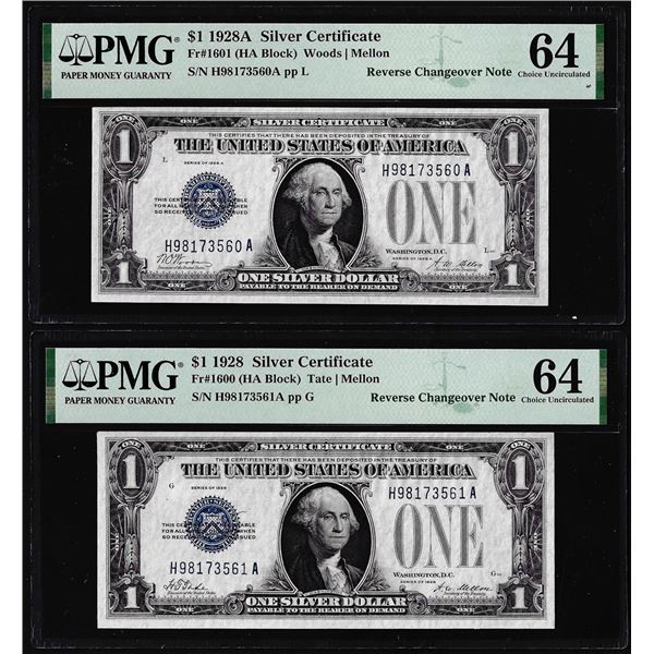 Reverse Changeover Pair 1928A/1928 $1 Silver Certificate Notes PMG Ch. Uncirculated 64