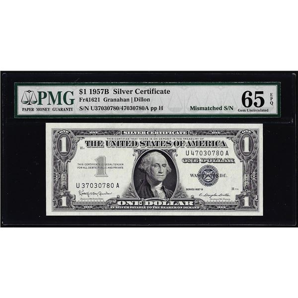 1957B $1 Silver Certificate Note Mismatched Serial Number Error PMG Gem Unc. 65EPQ