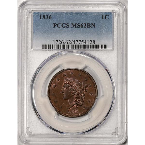 1836 Coronet Head Large Cent Coin PCGS MS62BN