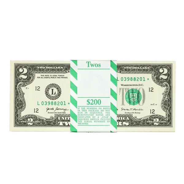 Pack of (100) Consecutive 2017A $2 Federal Reserve Star Notes San Francisco