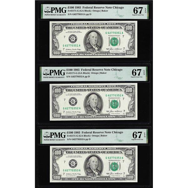 (3) Consecutive 1985 $100 Federal Reserve Notes Fr.2171-G PMG Superb Gem Unc 67EPQ