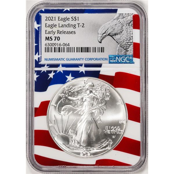 2021 Type 2 $1 American Silver Eagle Coin NGC MS70 Early Releases Flag Core