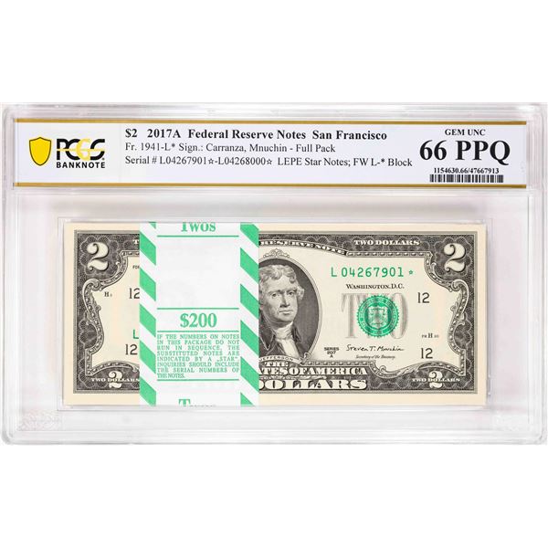 Pack 2017A $2 Federal Reserve STAR Notes SF Fr.1941-L* PCGS Gem Uncirculated 66PPQ