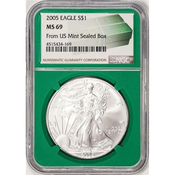 2005 $1 American Silver Eagle Coin NGC MS69 Green Core