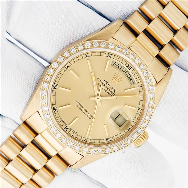 Rolex Mens 18K Yellow Gold Champagne Index Diamond Day Date President Wristwatch