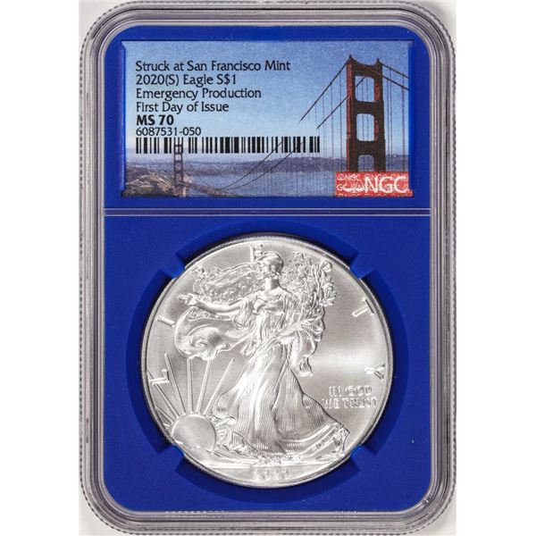 2020(S) $1 American Silver Eagle Coin NGC MS70 FDOI San Francisco Mint Blue Core