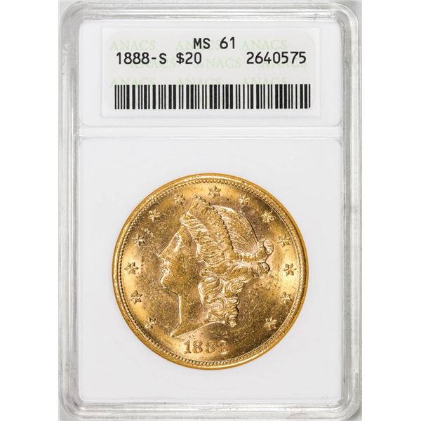 1888-S $20 Liberty Head Double Eagle Gold Coin ANACS MS61