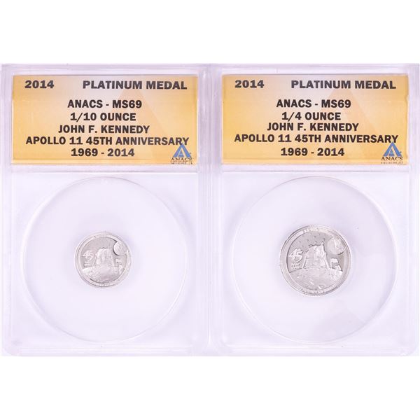 Set of 2014 Proof 1/10 & 1/4 oz Platinum JFK Apollo 11 Anniversary Medals ANACS MS69