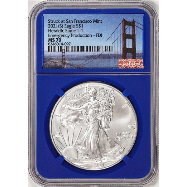 2021(S) Type 1 $1 American Silver Eagle Coin NGC MS70 FDI San Francisco Blue Core