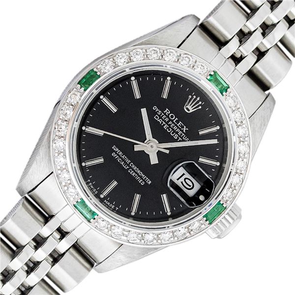 Rolex Ladies Stainless Steel Black Index Emerald and Diamond Datejust Wristwatch