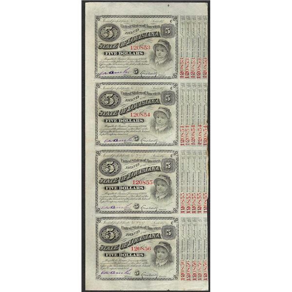 Uncut Sheet of (4) State of Louisiana Baby Bond Obsolete Notes