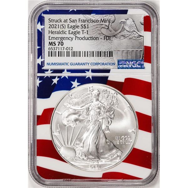 2021(S) Type 1 $1 American Silver Eagle Coin NGC MS70 FDI San Francisco Flag Core