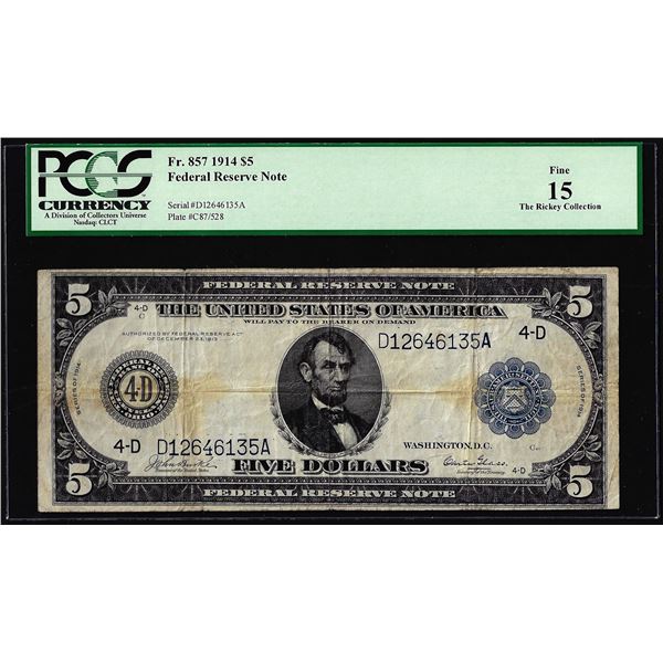 1914 $5 Federal Reserve Note Cleveland Fr.857 PCGS Fine 15