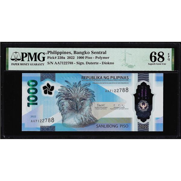 2022 Philippines Central Bank 1000 Piso Note P230a PMG Superb Gem Uncirculated 68EPQ