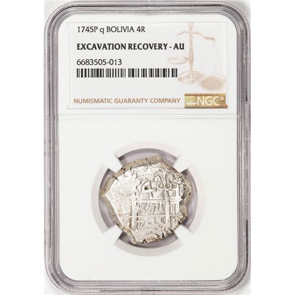 Shipwreck 1745P q Bolivia 4 Reales Silver Coin NGC AU Excavation Recovery