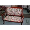 Image 1 : Tapestry upholstered settee with carved paw feet, 48" wide