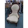 Image 1 : Victorian style parlour chair with channel and button tufted brocade upholstery and carved decoratio