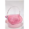 Image 2 : Cranberry and milk glass, hobnail ruffled edge basket with attached colourless handling, 10" in diam