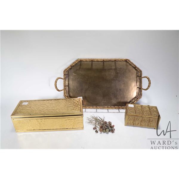 Three pieces of brass including double handled tray with bamboo motif, brass wrapped hinged box and 