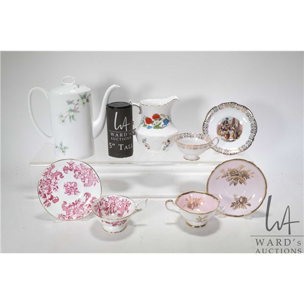 Aynsley famille Rose creamer, an 8  high Wedgwood Lemon Tree teapot and three china cups and saucers