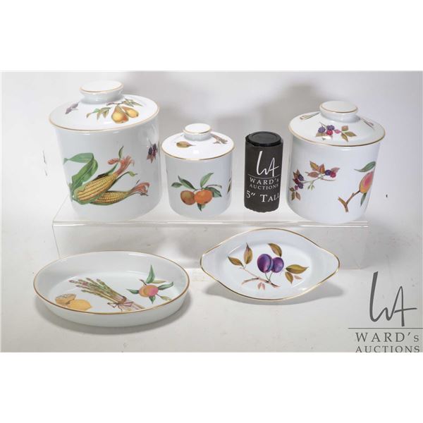 Five pieces of Royal Worcester Evesham including three piece canister set, 6 -9  in height and two s