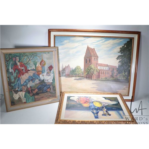 Three original paintings including still on board signed by artist (Linda O'Neill) 14  x 22 , framed