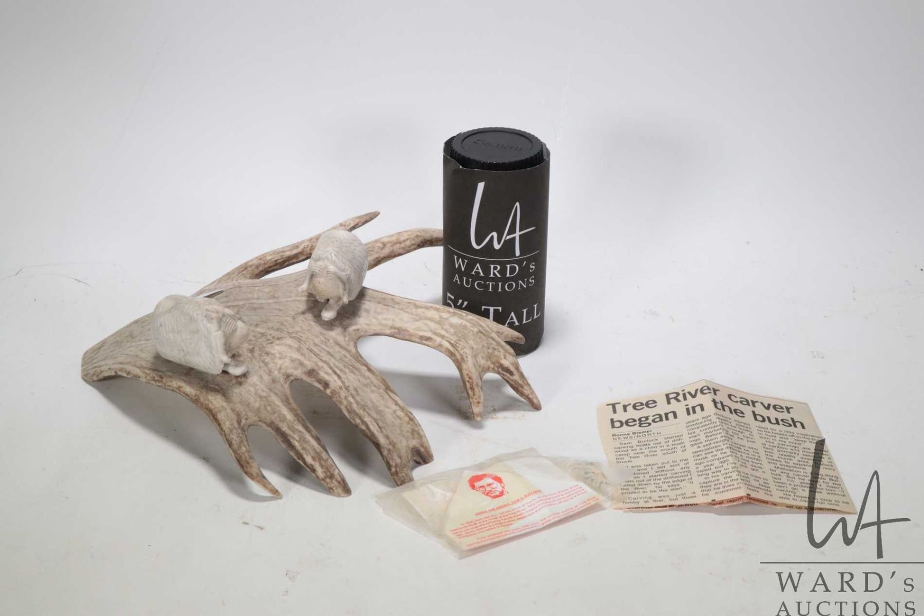 Inuit carved antler and bone sculpture of a pair of Musk Ox, signed by ...