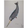 Image 2 : Framed original pen and coloured pencil drawing of a Narwhal, signed by artist N.Joe Pee, Iqualuit, 