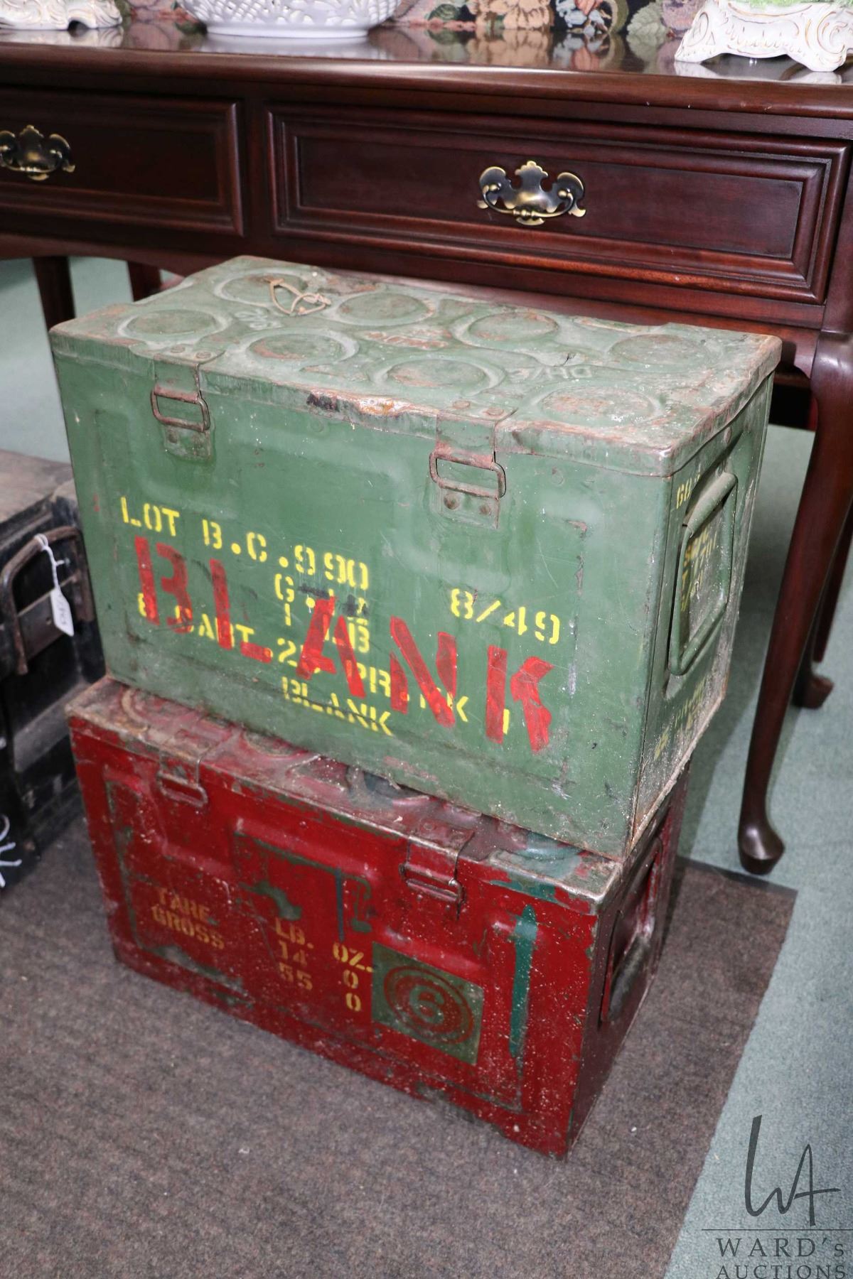 Two WWII artillery boxes, each designed to hold eight projectiles, each ...