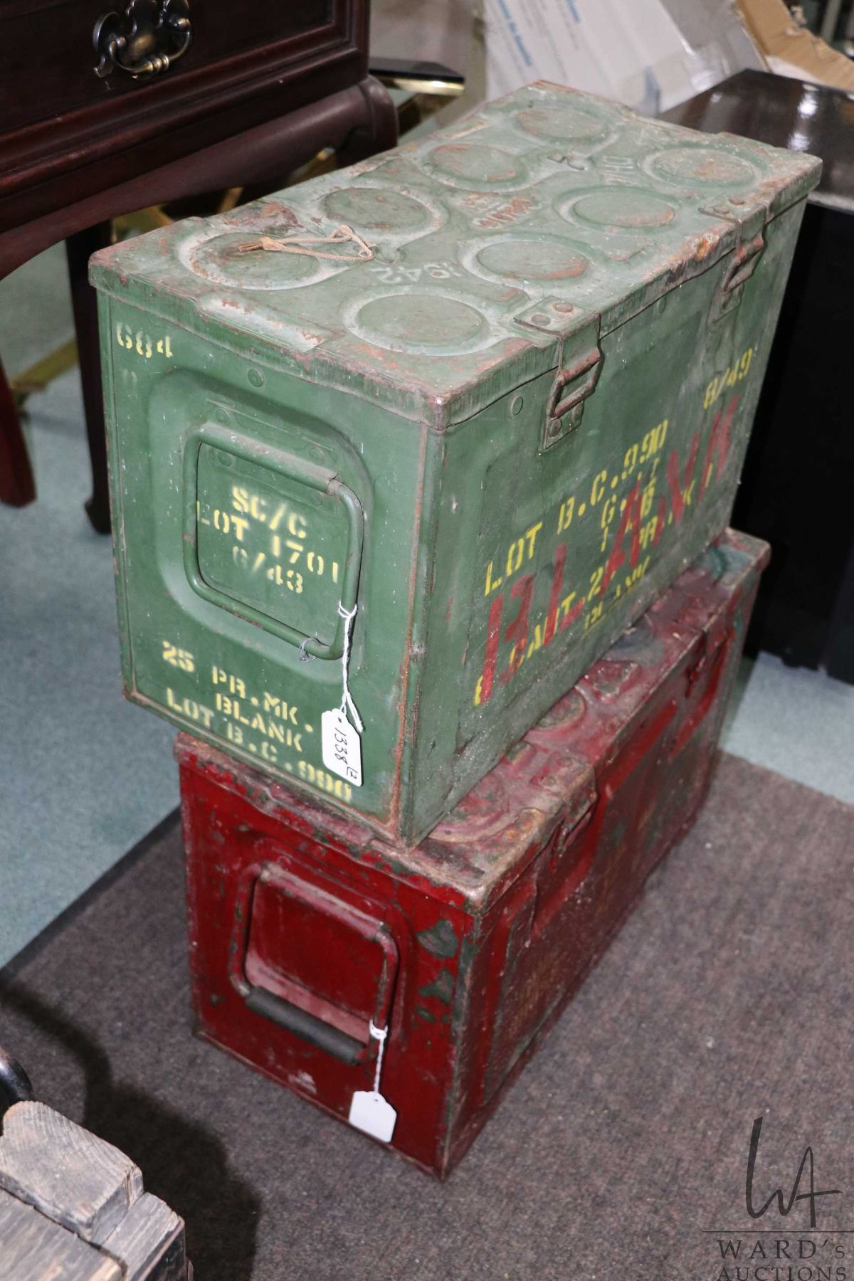 Two WWII artillery boxes, each designed to hold eight projectiles, each ...