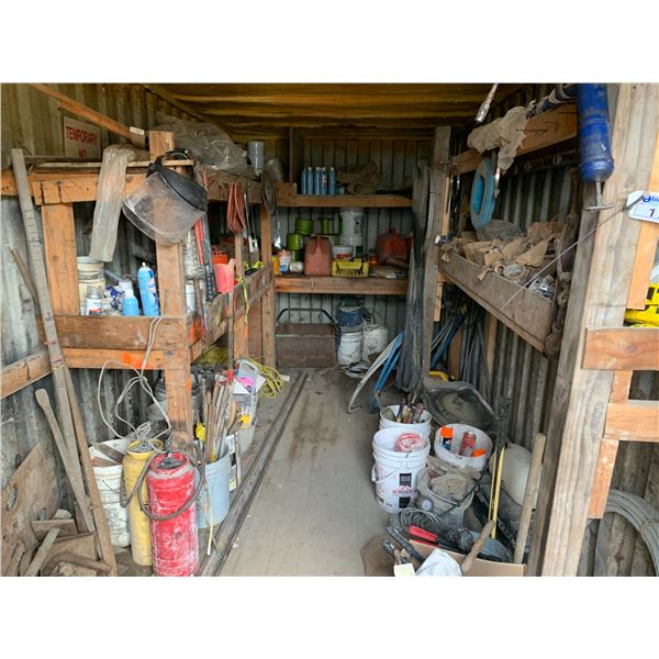 CONTENTS OF 3 WOODEN SHELF UNITS-BRAIDED CABLE, CRIMPING TOOLS, ROPE, TOOLS, LAWN ROLLER, ETC