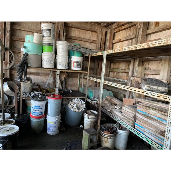 3 METAL SHELVES WITH CONTENTS INCLUDING GREENLEE POLYLINE, ASSORTED CONCRETE FORMS & CURB RETAINERS