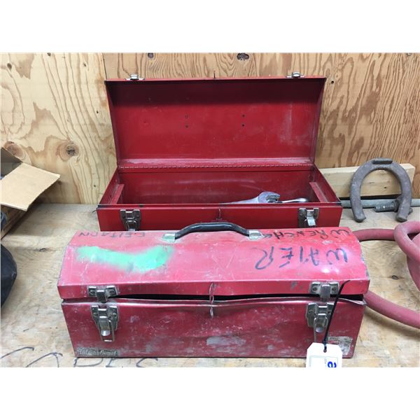 LOT OF 2 RED METAL TOOL BOXES FULL OF ASSORTED WRENCHES