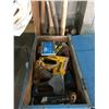 Image 1 : BLUE WOODEN BOX WITH STAPLERS,HARDWARE AND ASSORTED AXE & SLEDGE HAMMERS