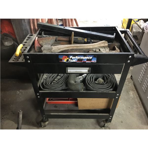 SINGLE DRAWER BLACK METAL ROLLING SHOP CART & CONTENTS