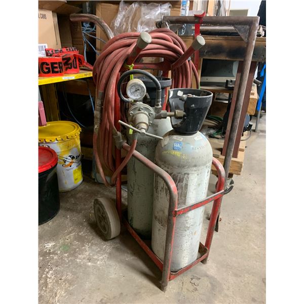 RED WELDERS CART WITH HOSE LINES, GAUGES AND 2 TANKS