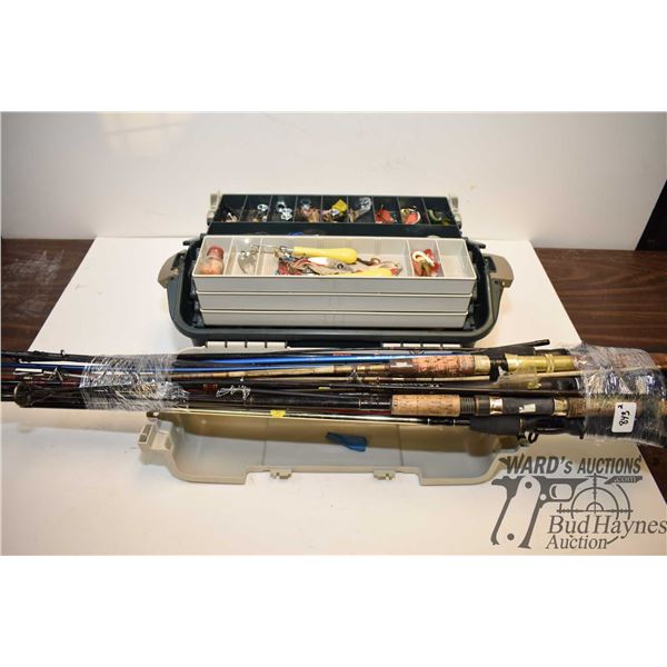12 spinning reel fishing rods and tackle box w/ assorted tackle and 7 reels
