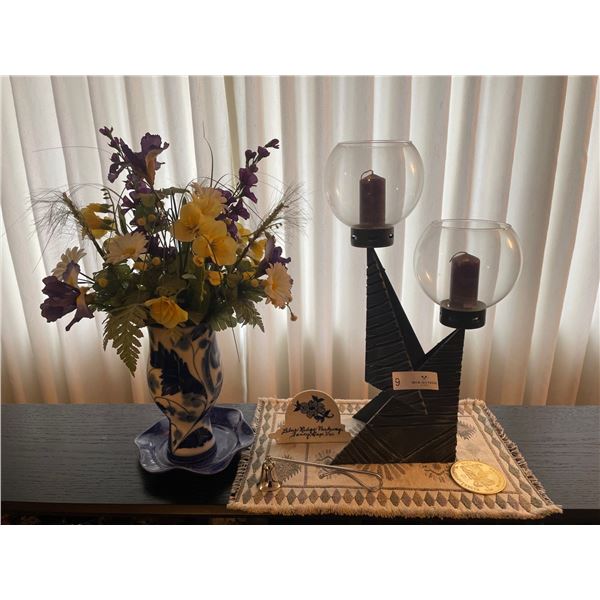 Assorted Home Decor - Vintage Candle Holder & Vase With Flowers