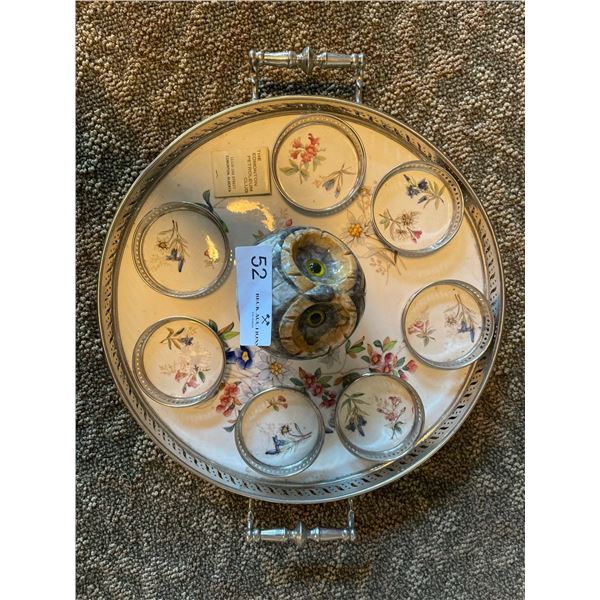 Pewter Floral Serving Tray With Coasters & Decorative Soap Stone Owl