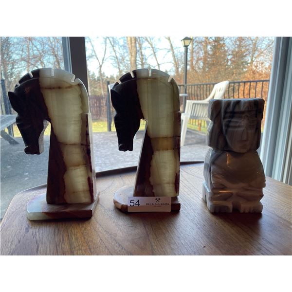 Set of 2 Soapstone Book Ends & African Statue