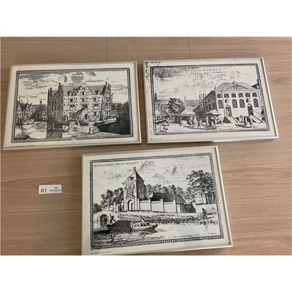 Set of 3 Framed Sketches Prints Of Locations In Holland 17Lx12H
