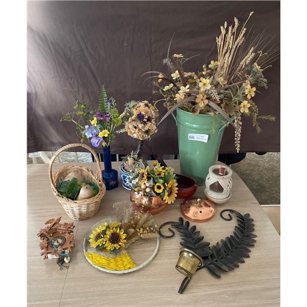 Artificial Flowers Lot - With Decorative Vases, Candle Holders, & Wind Up Mini Clock