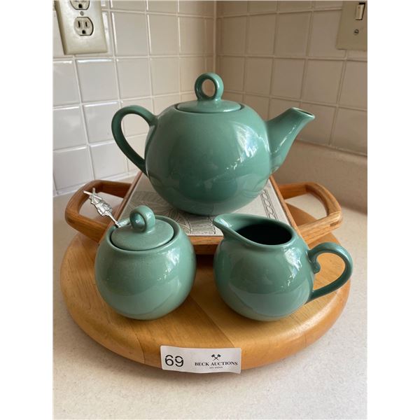Teal Tea Pot With Creamer & Sugar Holder & Serving Trays