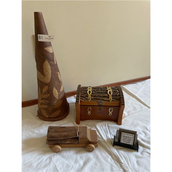 Collection Of Hand Carved Wooden Art - Chest W/Costume Jewelry, Toy Truck & More