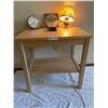 Image 2 : Wooden Side Table With Slate Shelf, 2 Windup Clocks, Big Ben And Cardinal & Delft Collectible Lamp